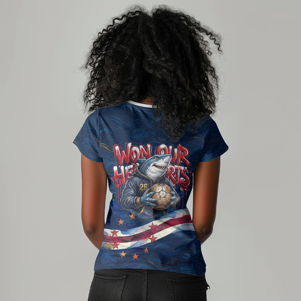 Cape Verde World Football 2026 Women V-Neck T-Shirt Blue Sharks Won Our Hearts - Oil Paint Style
