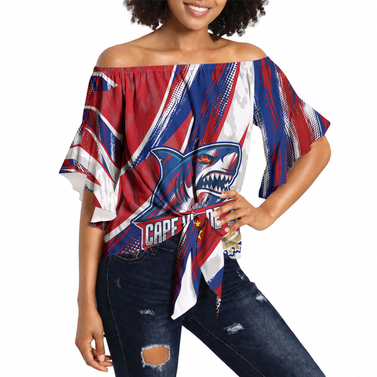 Cape Verde Football 2026 Off Shoulder Wrap Waist Top Won Our Hearts Blue Sharks Soccer Player