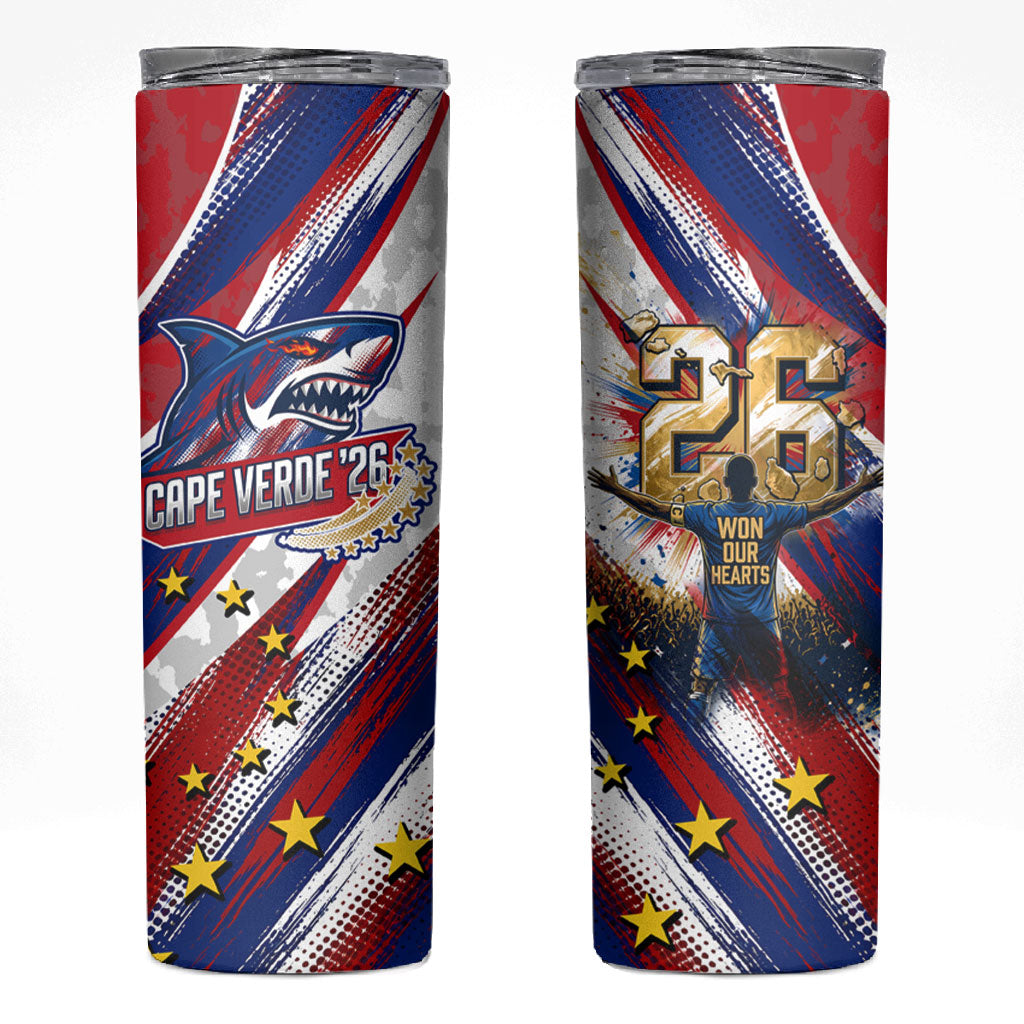 Cape Verde Football 2026 Skinny Tumbler Won Our Hearts Blue Sharks Soccer Player