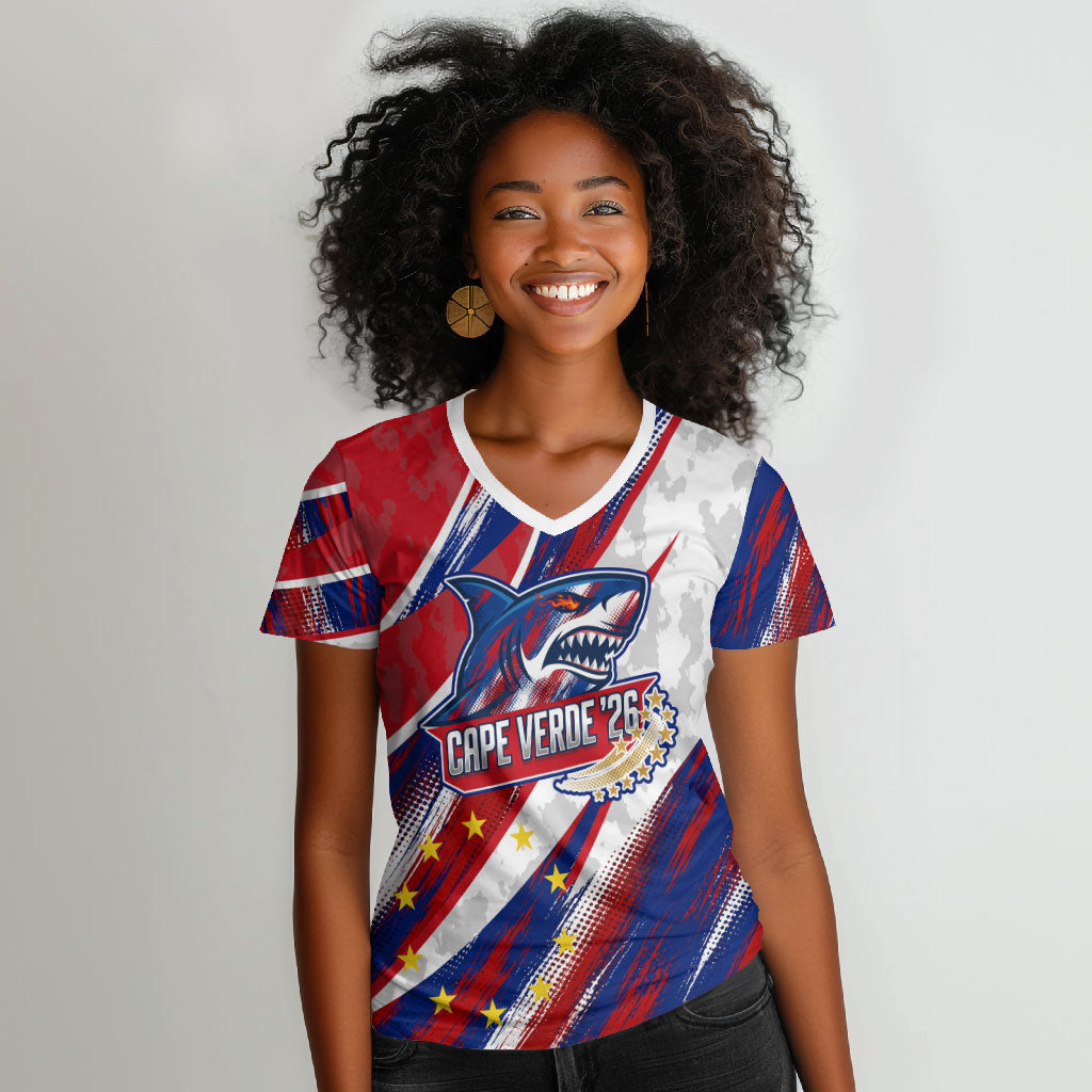 Cape Verde Football 2026 Women V-Neck T-Shirt Won Our Hearts Blue Sharks Soccer Player