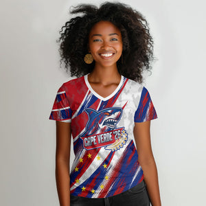 Cape Verde Football 2026 Women V-Neck T-Shirt Won Our Hearts Blue Sharks Soccer Player