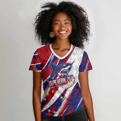 Cape Verde Football 2026 Women V-Neck T-Shirt Won Our Hearts Blue Sharks Soccer Player