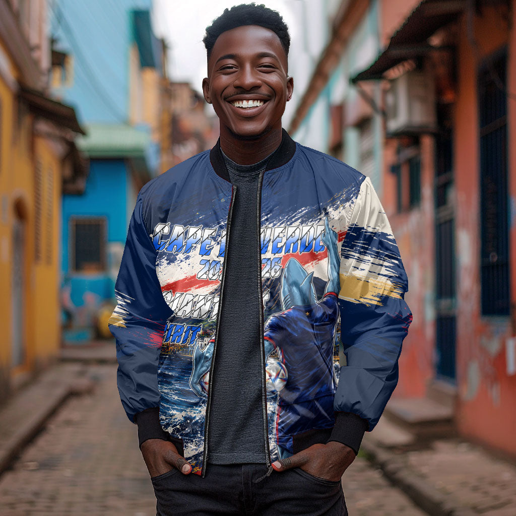 Personalized Cape Verde Blue Sharks Bomber Jacket Giant Spirit African Football 2026 Mascot