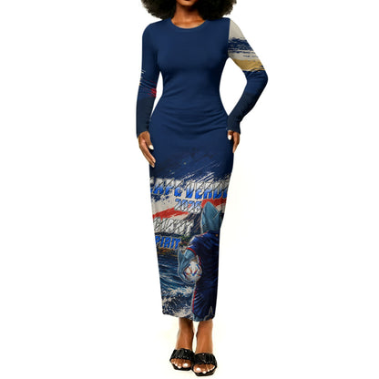 Personalized Cape Verde Blue Sharks Long Sleeve Bodycon Dress Giant Spirit African Football 2026 Mascot