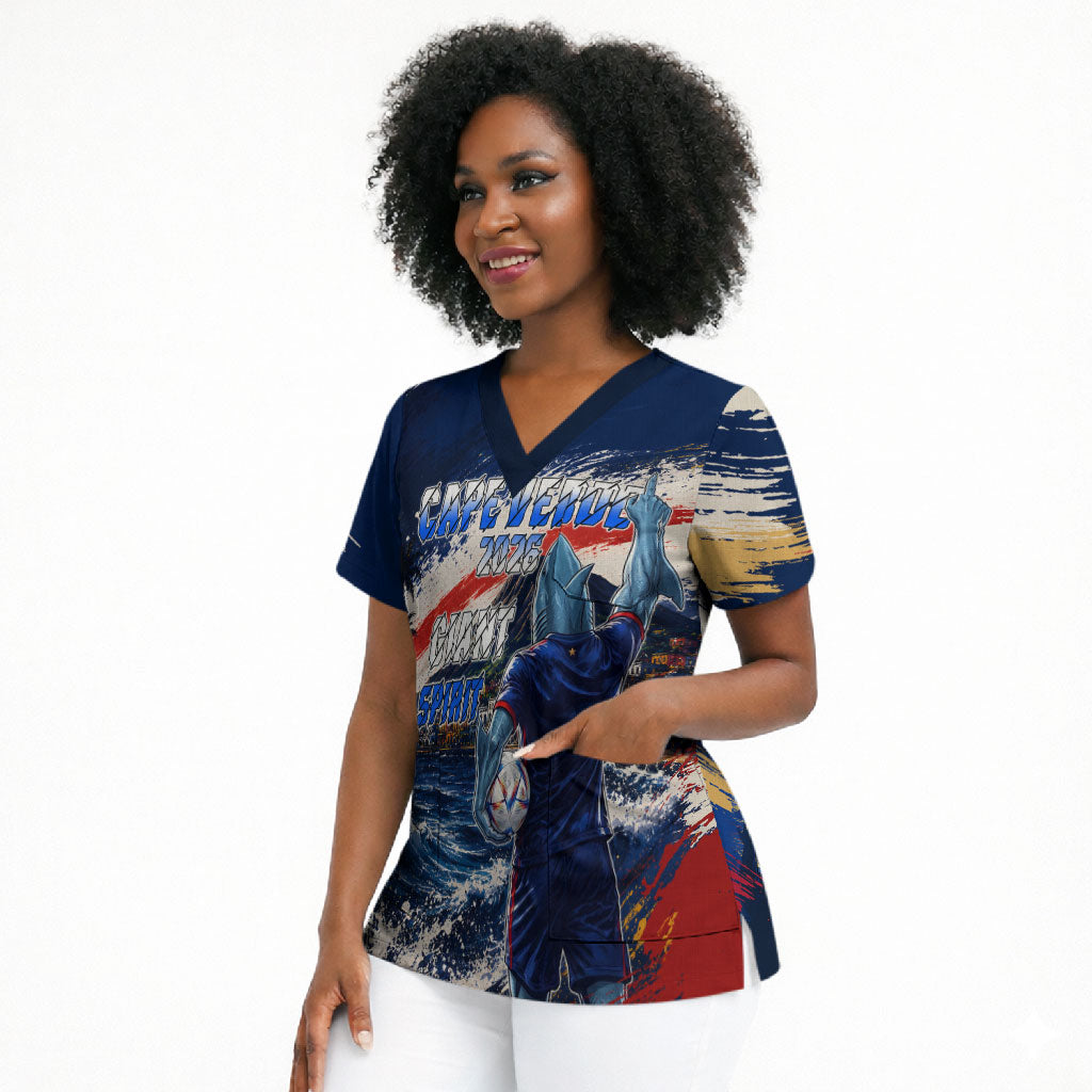 Personalized Cape Verde Blue Sharks Scrub Top Giant Spirit African Football 2026 Mascot