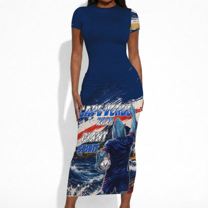 Personalized Cape Verde Blue Sharks Short Sleeve Bodycon Dress Giant Spirit African Football 2026 Mascot