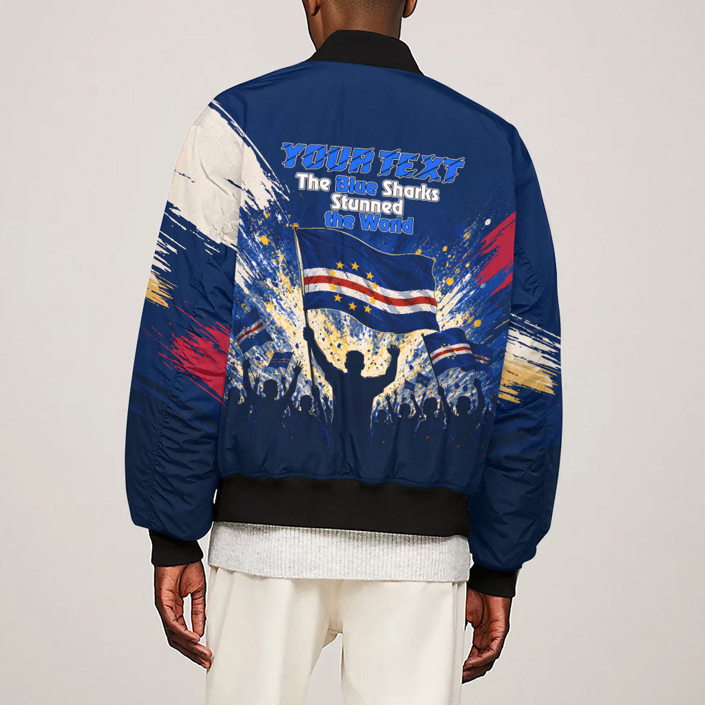 Personalized Cape Verde Blue Sharks Sleeve Zip Bomber Jacket Giant Spirit African Football 2026 Mascot