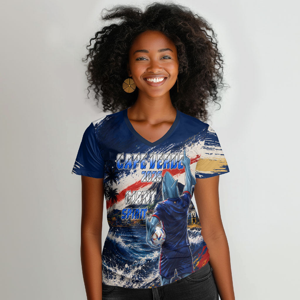 Personalized Cape Verde Blue Sharks Women V-Neck T-Shirt Giant Spirit African Football 2026 Mascot
