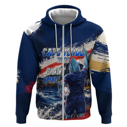 Personalized Cape Verde Blue Sharks Zip Hoodie Giant Spirit African Football 2026 Mascot