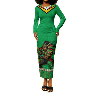 Personalized Guyana Cricket Amazon Warriors Long Sleeve Bodycon Dress Tribal Warrior Mascot Fan