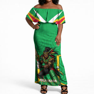 Personalized Guyana Cricket Amazon Warriors Off Shoulder Maxi Dress Tribal Warrior Mascot Fan