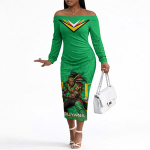 Personalized Guyana Cricket Amazon Warriors Off The Shoulder Long Sleeve Dress Tribal Warrior Mascot Fan