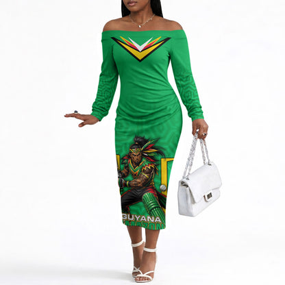 Personalized Guyana Cricket Amazon Warriors Off The Shoulder Long Sleeve Dress Tribal Warrior Mascot Fan
