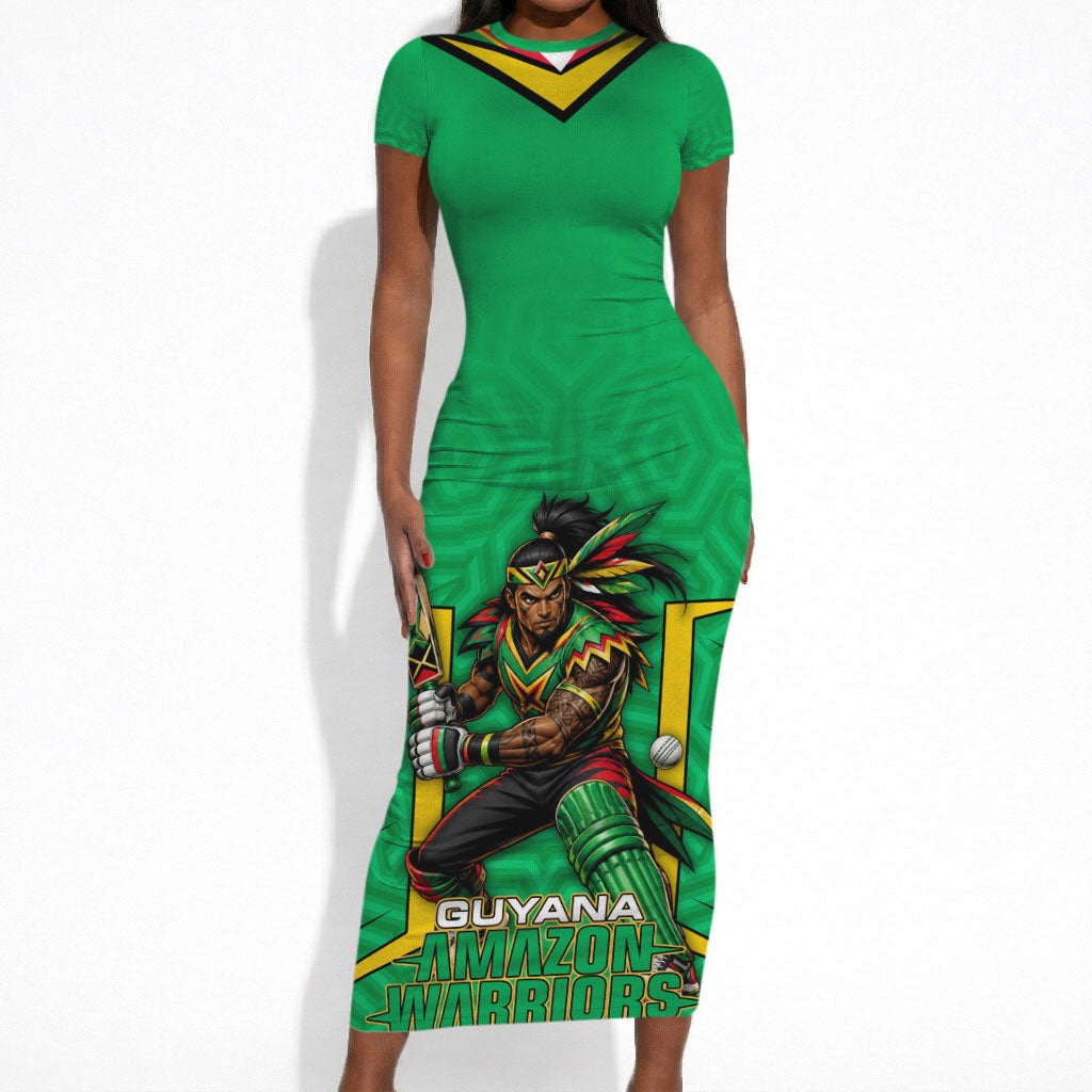 Personalized Guyana Cricket Amazon Warriors Short Sleeve Bodycon Dress Tribal Warrior Mascot Fan