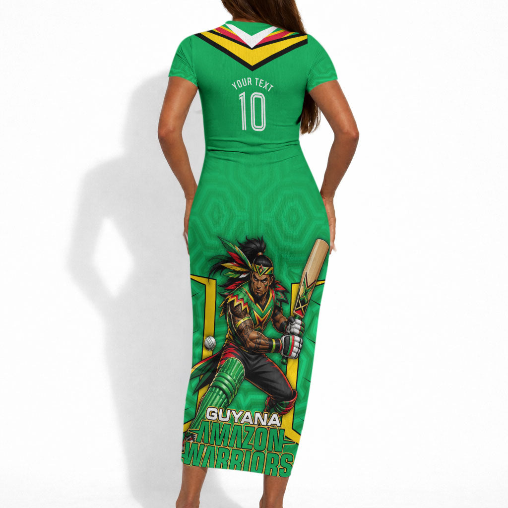 Personalized Guyana Cricket Amazon Warriors Short Sleeve Bodycon Dress Tribal Warrior Mascot Fan