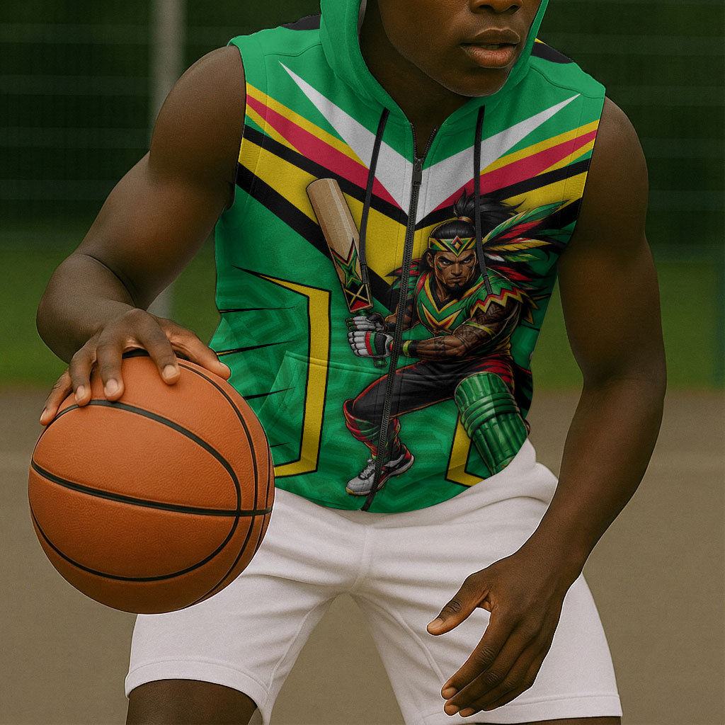Personalized Guyana Cricket Amazon Warriors Sleeveless Zip Hoodie Tribal Warrior Mascot Fan