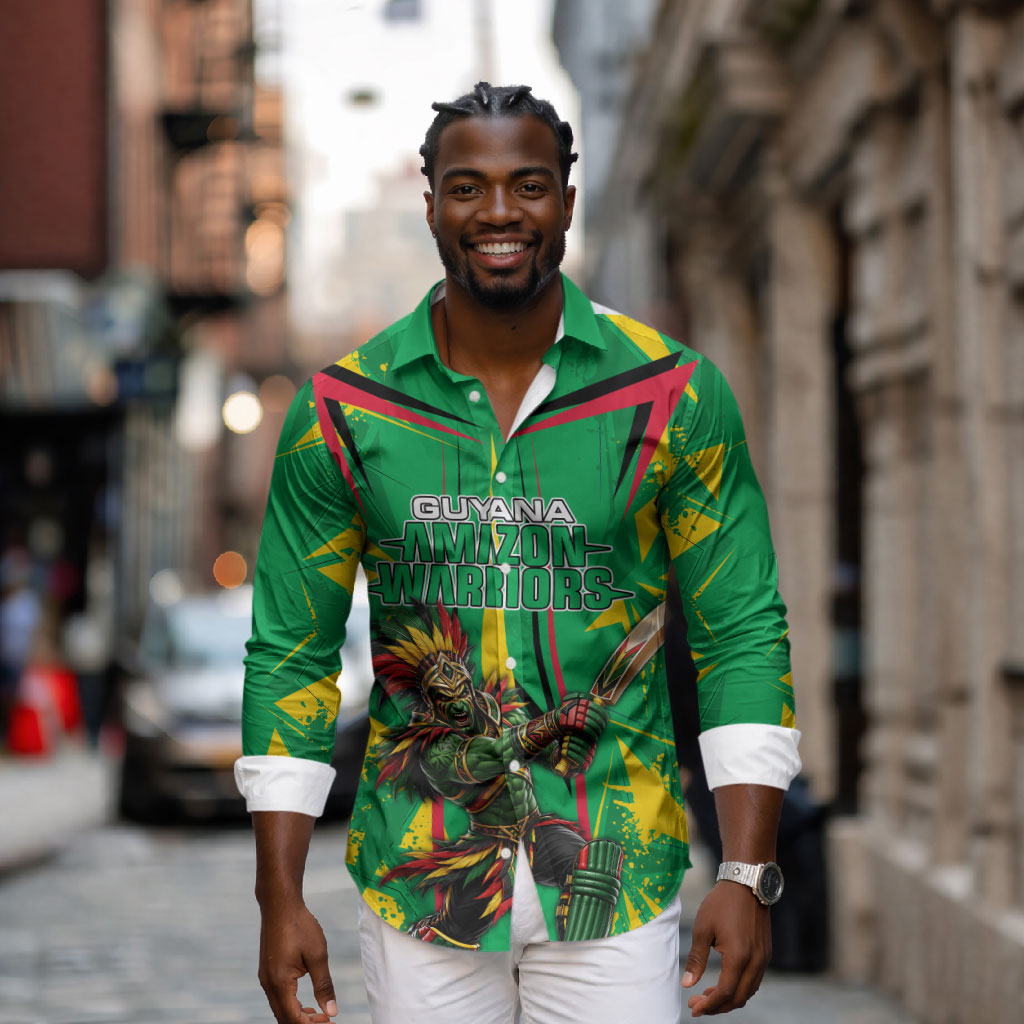 Personalized Guyana Cricket Long Sleeve Button Shirt Amazon Warriors Tribal Mascot Sports