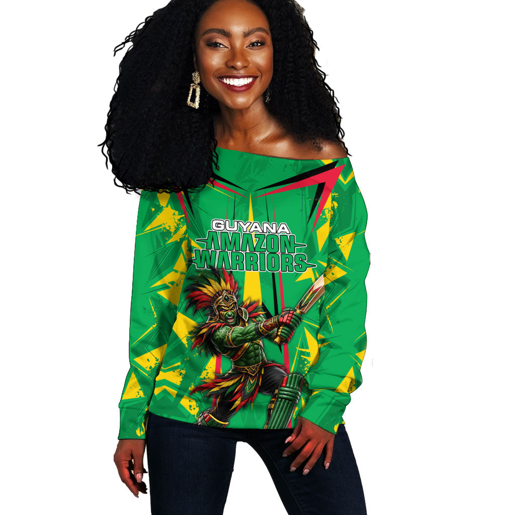 Personalized Guyana Cricket Off Shoulder Sweater Amazon Warriors Tribal Mascot Sports