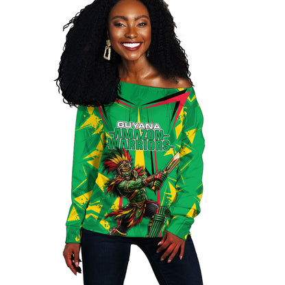 Personalized Guyana Cricket Off Shoulder Sweater Amazon Warriors Tribal Mascot Sports
