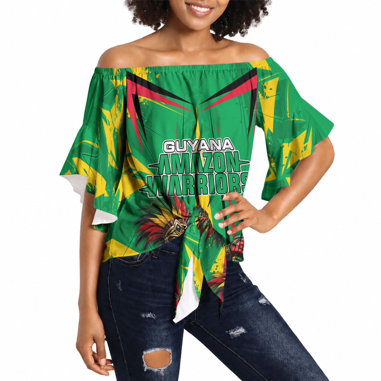 Personalized Guyana Cricket Off Shoulder Wrap Waist Top Amazon Warriors Tribal Mascot Sports