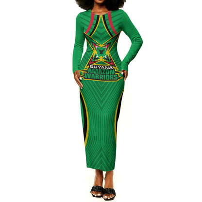 Personalized Guyana Cricket Amazon Warriors Long Sleeve Bodycon Dress Modern Geometric Sports Fan
