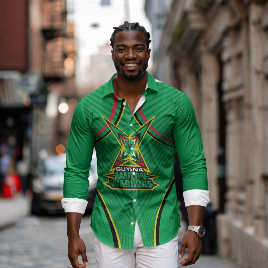 Personalized Guyana Cricket Amazon Warriors Long Sleeve Button Shirt Modern Geometric Sports Fan