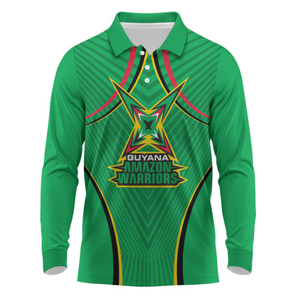 Personalized Guyana Cricket Amazon Warriors Long Sleeve Polo Shirt Modern Geometric Sports Fan