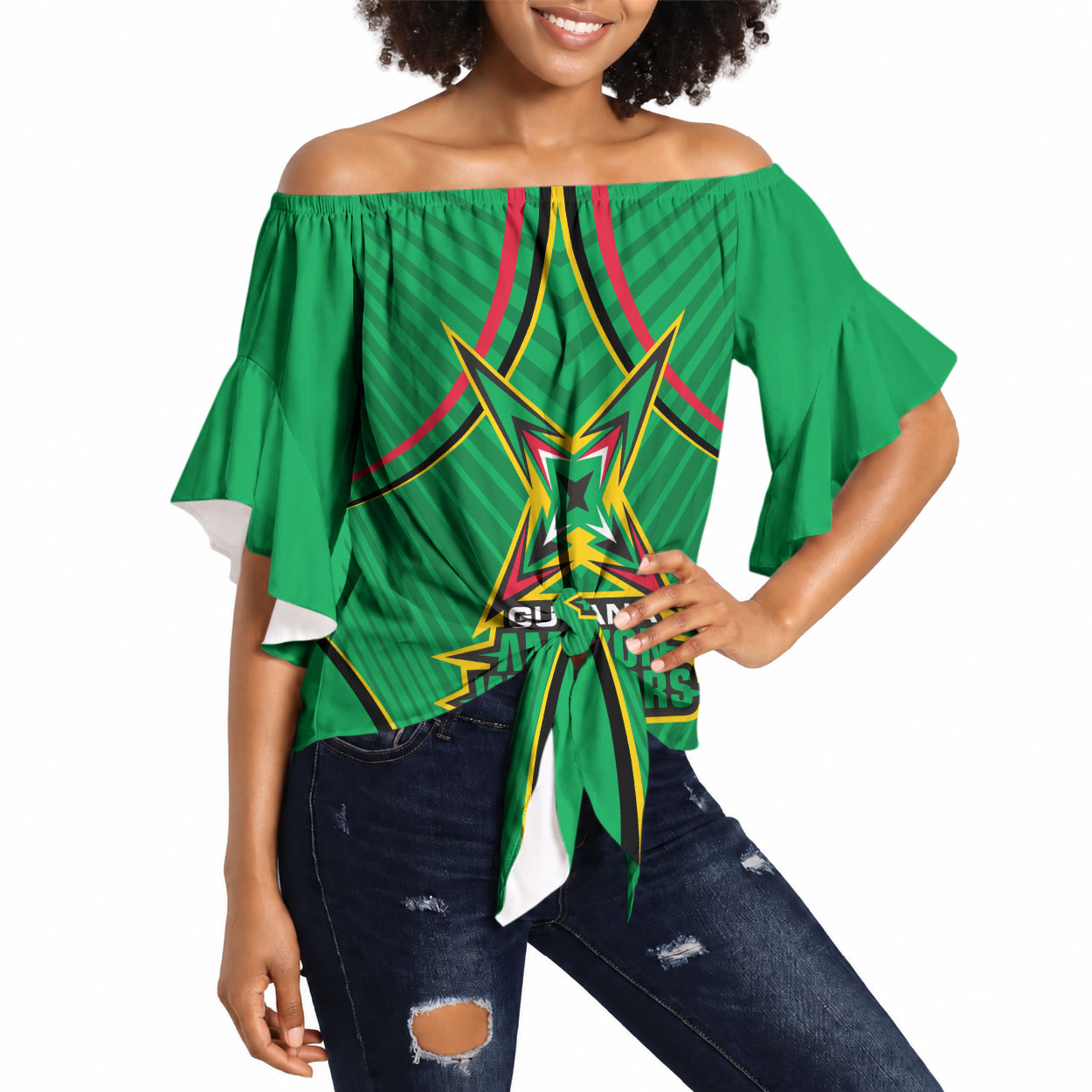 Personalized Guyana Cricket Amazon Warriors Off Shoulder Wrap Waist Top Modern Geometric Sports Fan