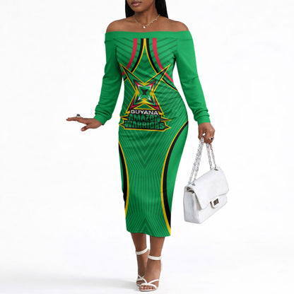 Personalized Guyana Cricket Amazon Warriors Off The Shoulder Long Sleeve Dress Modern Geometric Sports Fan