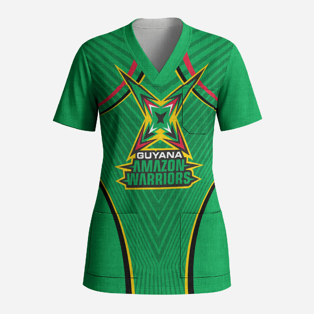 Personalized Guyana Cricket Amazon Warriors Scrub Top Modern Geometric Sports Fan