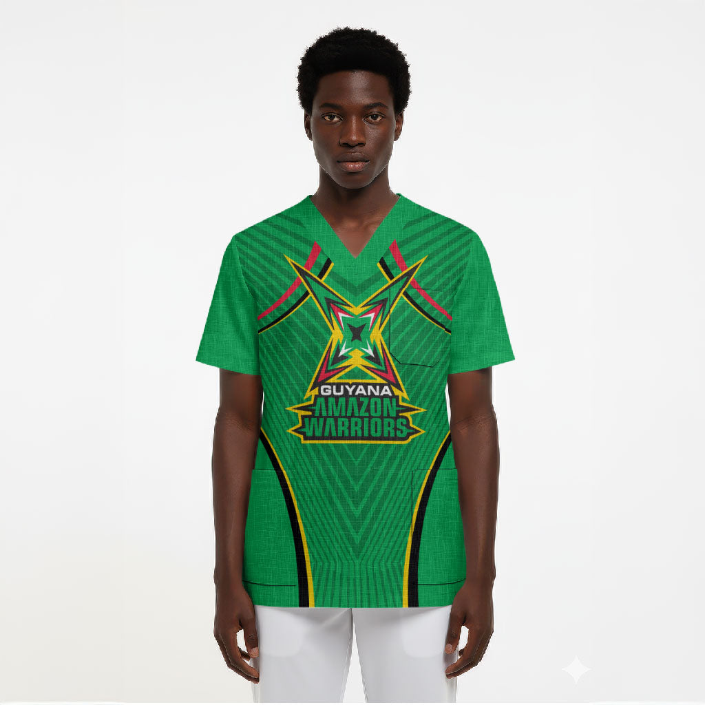 Personalized Guyana Cricket Amazon Warriors Scrub Top Modern Geometric Sports Fan