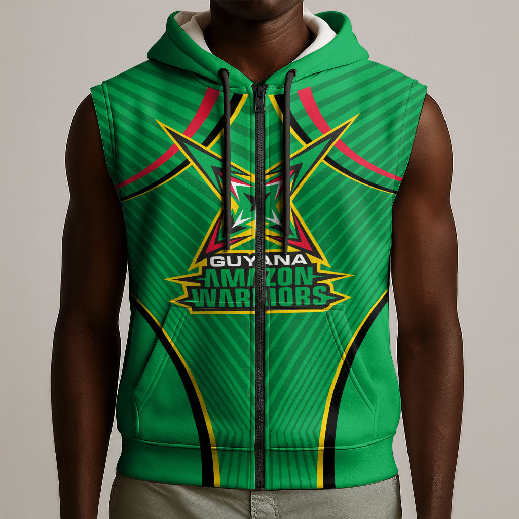 Personalized Guyana Cricket Amazon Warriors Sleeveless Zip Hoodie Modern Geometric Sports Fan