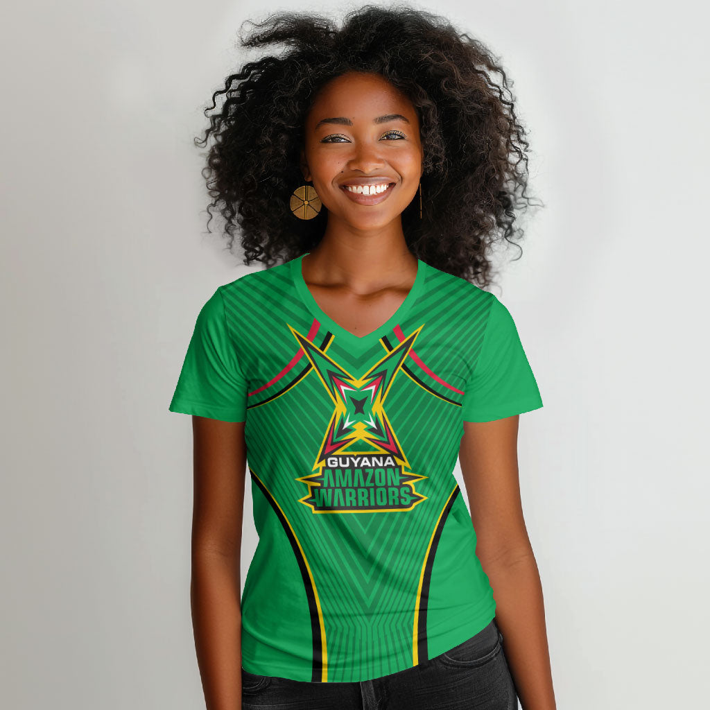 Personalized Guyana Cricket Amazon Warriors Women V-Neck T-Shirt Modern Geometric Sports Fan