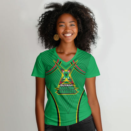 Personalized Guyana Cricket Amazon Warriors Women V-Neck T-Shirt Modern Geometric Sports Fan