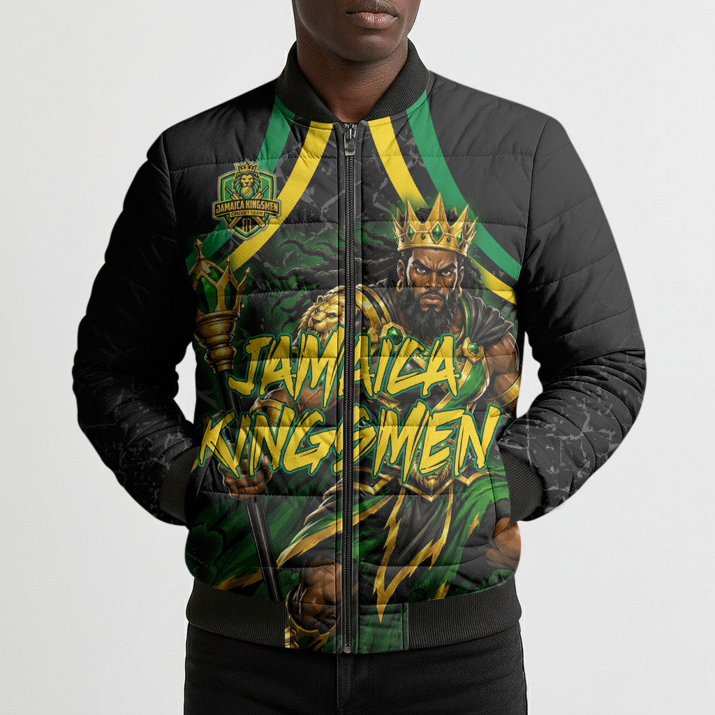 Personalized Jamaica Kingsmen Bomber Puffer Jacket Caribbean Cricket Royal Warrior King Mascot