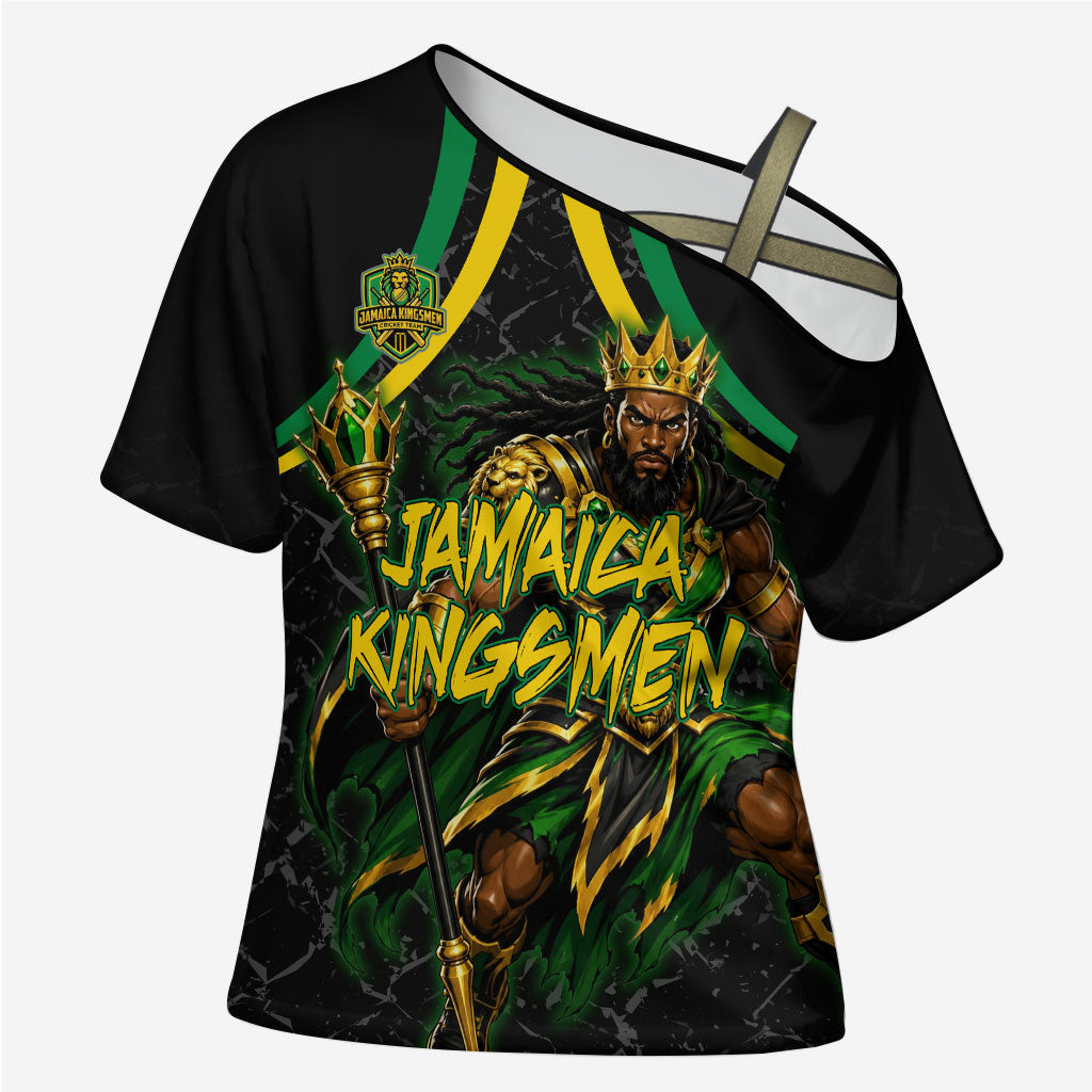 Personalized Jamaica Kingsmen Cross Shoulder Shirt Caribbean Cricket Royal Warrior King Mascot