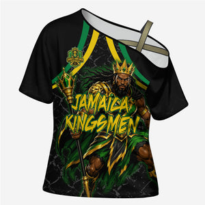 Personalized Jamaica Kingsmen Cross Shoulder Shirt Caribbean Cricket Royal Warrior King Mascot