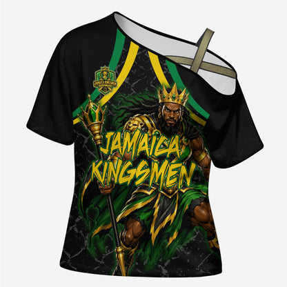 Personalized Jamaica Kingsmen Cross Shoulder Shirt Caribbean Cricket Royal Warrior King Mascot