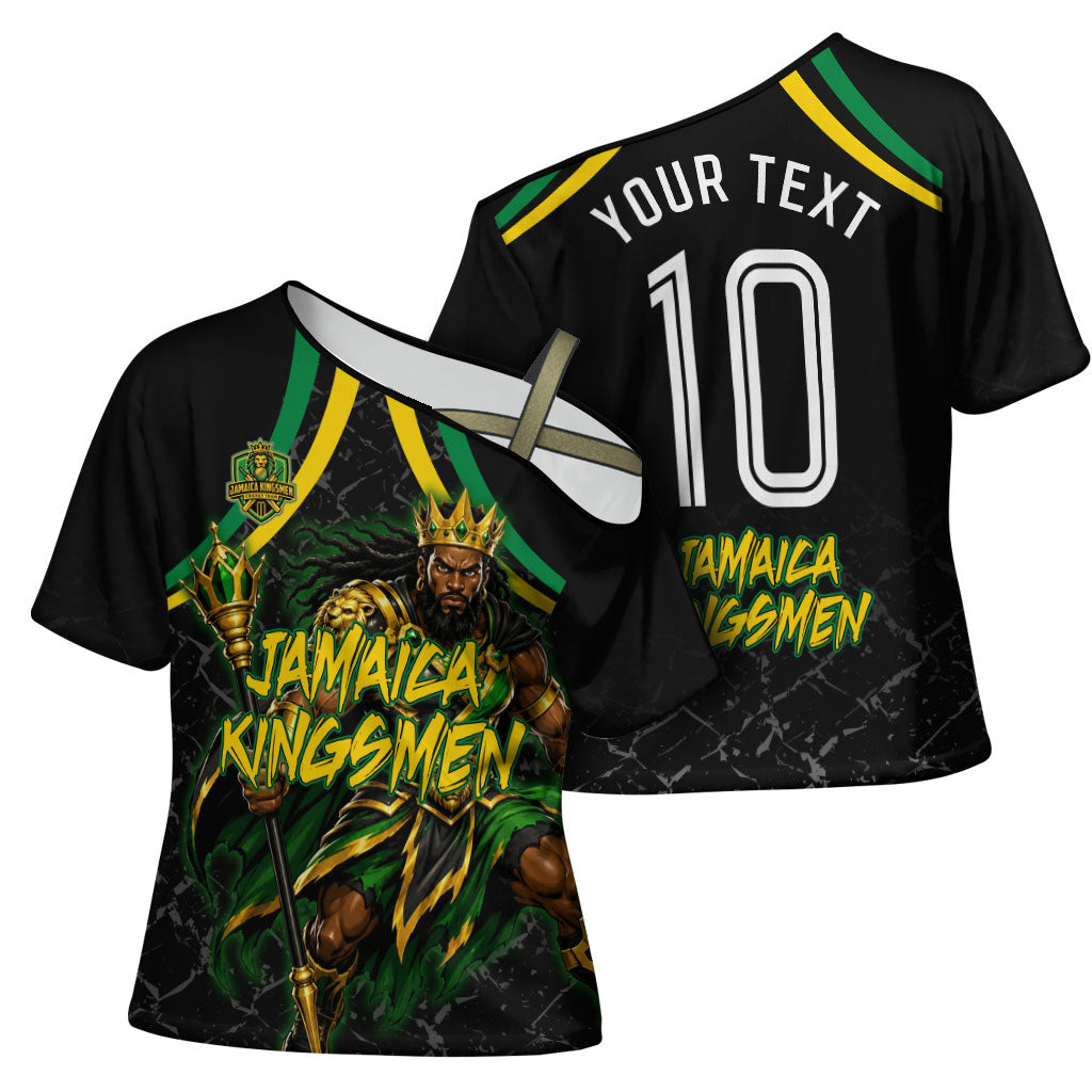 Personalized Jamaica Kingsmen Cross Shoulder Shirt Caribbean Cricket Royal Warrior King Mascot