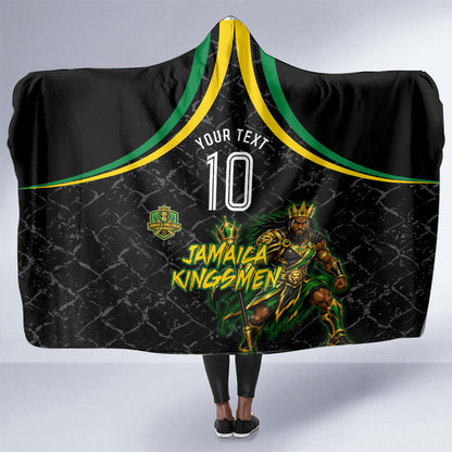 Personalized Jamaica Kingsmen Hooded Blanket Caribbean Cricket Royal Warrior King Mascot