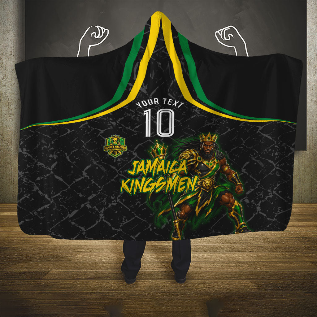 Personalized Jamaica Kingsmen Hooded Blanket Caribbean Cricket Royal Warrior King Mascot
