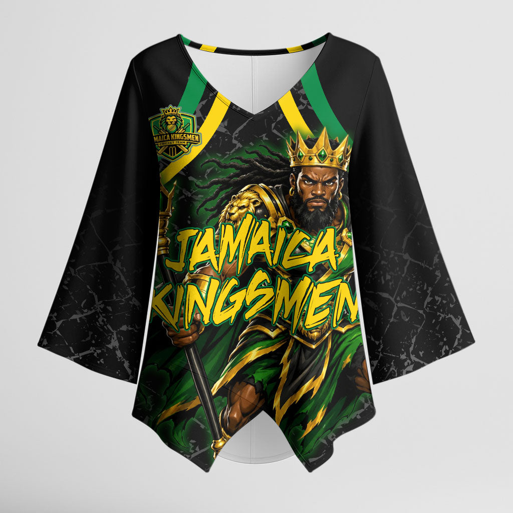 Personalized Jamaica Kingsmen Kimono Sleeve Blouse Caribbean Cricket Royal Warrior King Mascot
