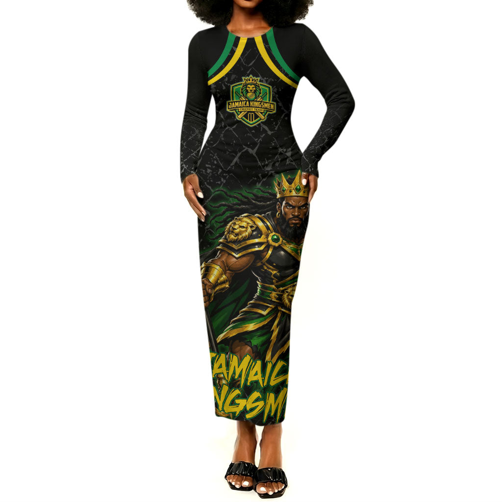 Personalized Jamaica Kingsmen Long Sleeve Bodycon Dress Caribbean Cricket Royal Warrior King Mascot