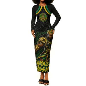 Personalized Jamaica Kingsmen Long Sleeve Bodycon Dress Caribbean Cricket Royal Warrior King Mascot