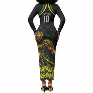 Personalized Jamaica Kingsmen Long Sleeve Bodycon Dress Caribbean Cricket Royal Warrior King Mascot
