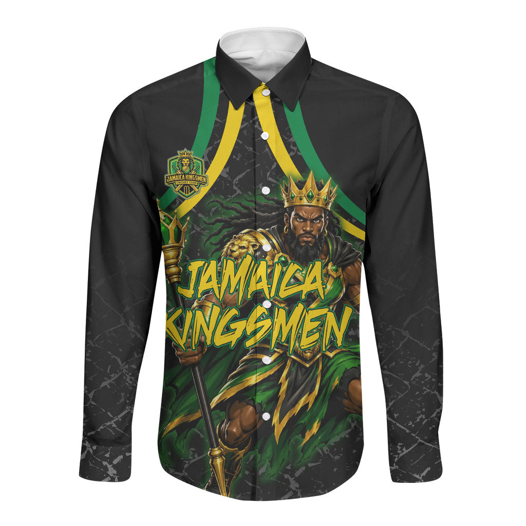 Personalized Jamaica Kingsmen Long Sleeve Button Shirt Caribbean Cricket Royal Warrior King Mascot