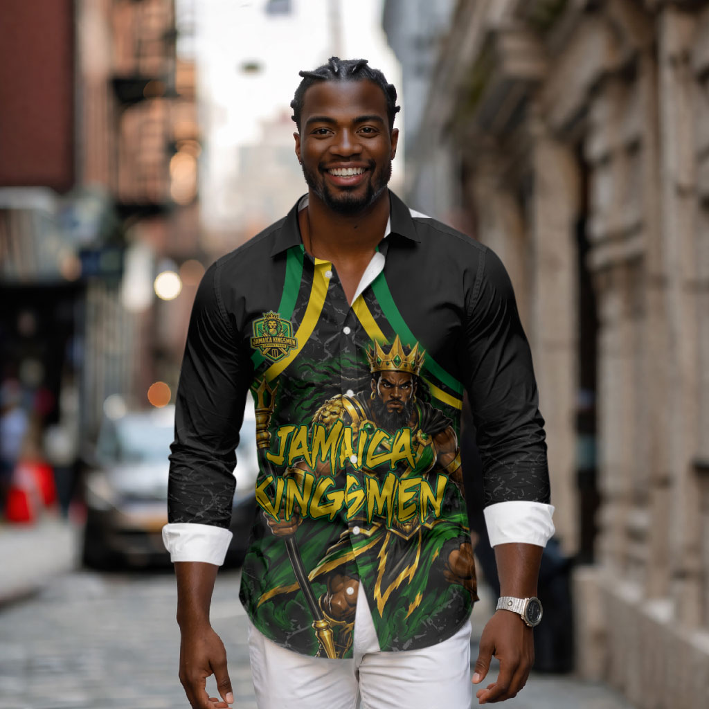 Personalized Jamaica Kingsmen Long Sleeve Button Shirt Caribbean Cricket Royal Warrior King Mascot