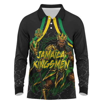 Personalized Jamaica Kingsmen Long Sleeve Polo Shirt Caribbean Cricket Royal Warrior King Mascot