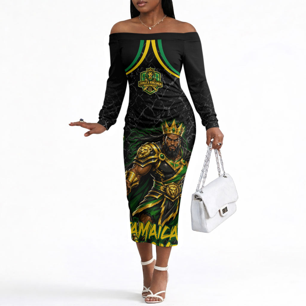 Personalized Jamaica Kingsmen Off The Shoulder Long Sleeve Dress Caribbean Cricket Royal Warrior King Mascot
