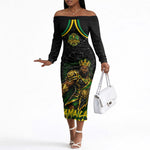 Personalized Jamaica Kingsmen Off The Shoulder Long Sleeve Dress Caribbean Cricket Royal Warrior King Mascot